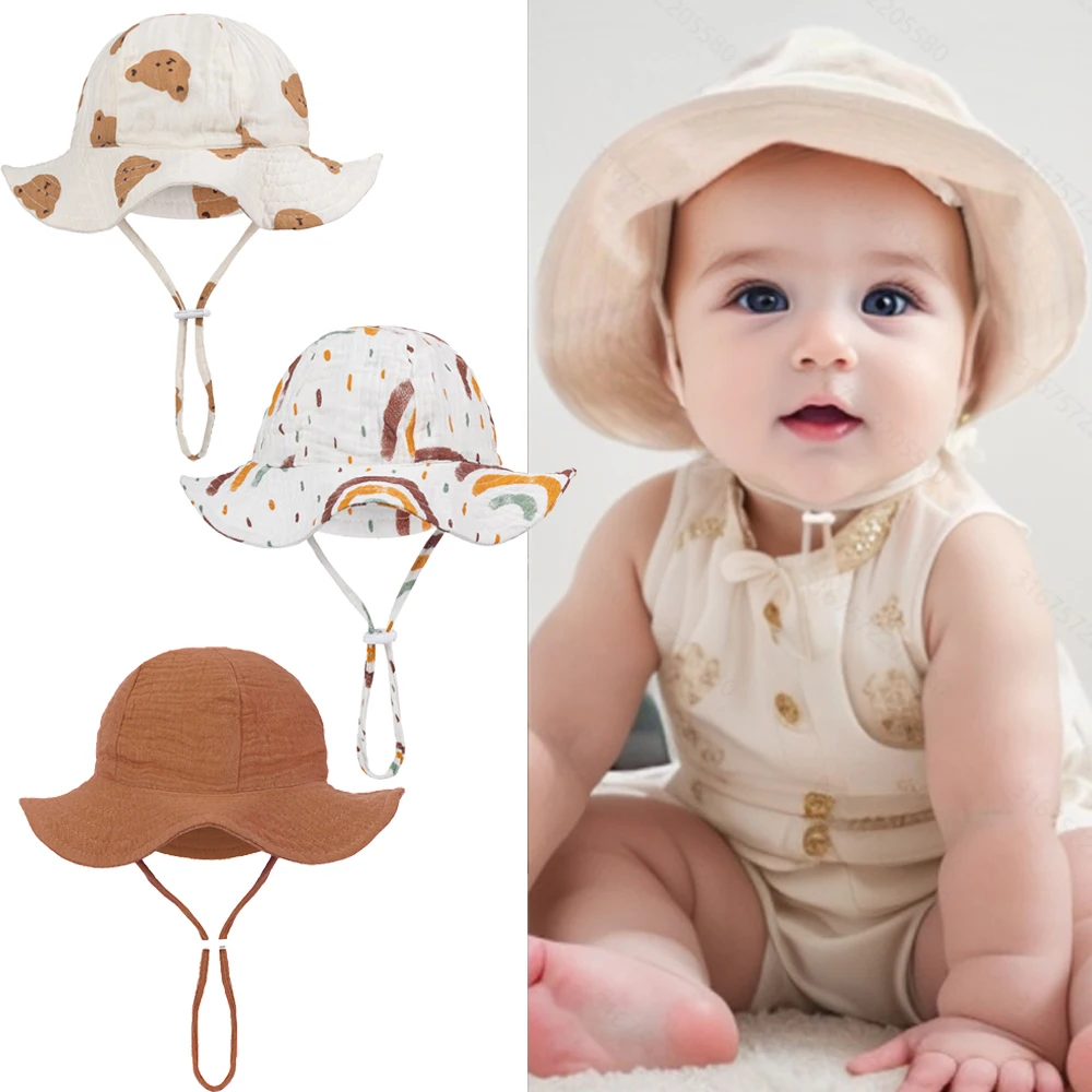 

Baby Cotton Bucket Hats New Children Sunscreen Outdoor Caps Boys Girls Print Panama Hat Unisex Beach Fishing Hat For 3-12 Months