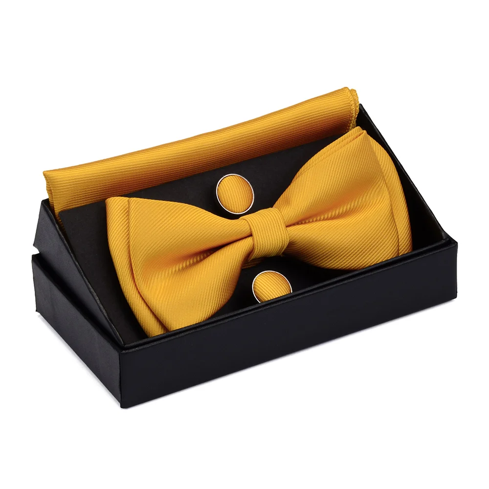 Classic Solid Silk Two Layer Pre-tied Bowtie Set Bow tie&Pocket square&Cufflink Man Party Business Office Wedding With Gift Box