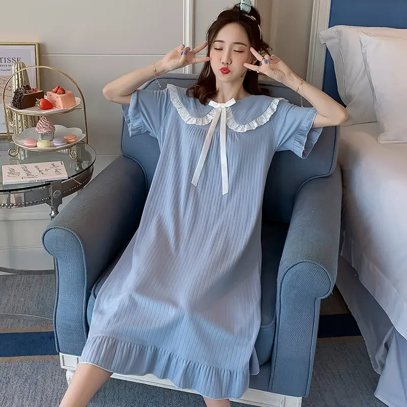 Nightgowns Women Princess Style Sweet Design Bow Ruffles Peter Pan Collar Sleepshirts Girlish Sleepwear Short Sleeve Nightdress