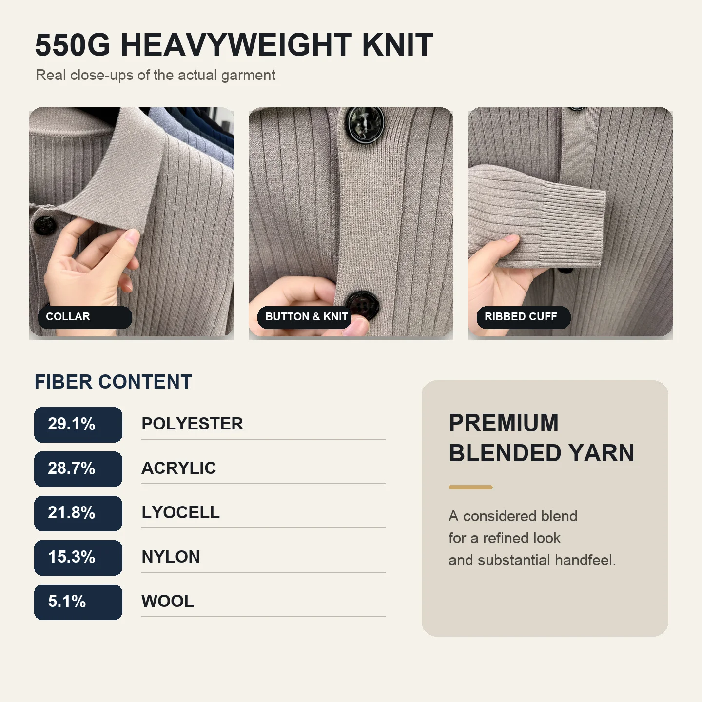 Premium Wool Lyocell Blend Knit Cardigan Men Heavyweight Soft Ribbed Button Polo Collar Fall Winter Solid Sweater Outerwear