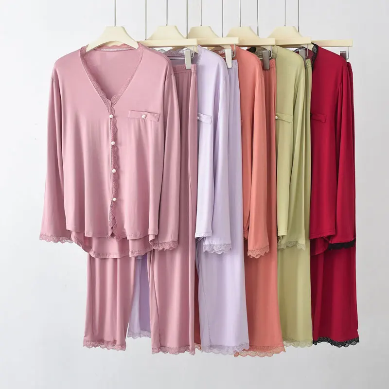 Ensemble de pyjama à manches longues pour femmes, cardigan décontracté, costume de pantalon à neuf points, vêtements de nuit, service à domicile,
