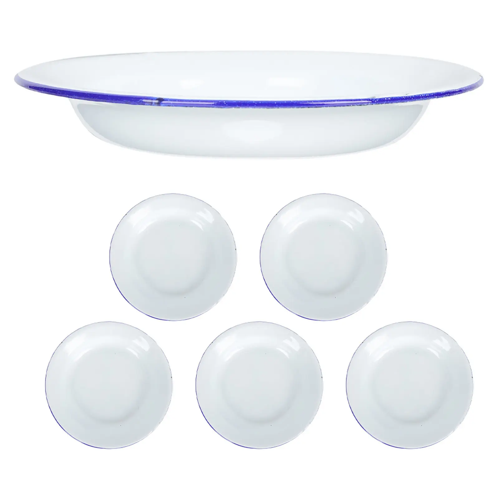 6Pcs Vintage Enamel Plates Round Rim Versatile Unbreakable Dinner Dishes Picnic Camping Fruit Salad Shallow Bowls