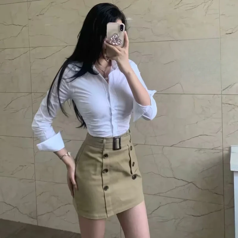 Preppy Shirt Women Sexy Summer Slim Waist Solid Sun Protection Thin Korean Style Office Lady Single Breasted Long Sleeve Formal