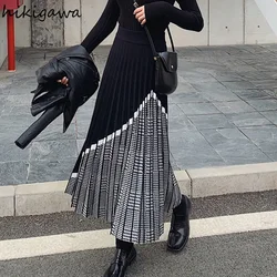 Vintage Skirts for Women Hihg Waist Slim A-line Long Jupe Patchwork Plaid Fashion Pleated Knit Skirt 2023 Faldas Mujer De Moda