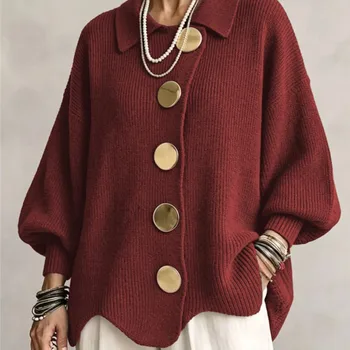 Solid Knit Lapel Cardigan Sweater Coat 6 Autumn Winter Solid Knit Cardigan Sweaters Coats Women Lapel Button Casual Long Sleeve All-match Sweater Coats Knitted Tops 6