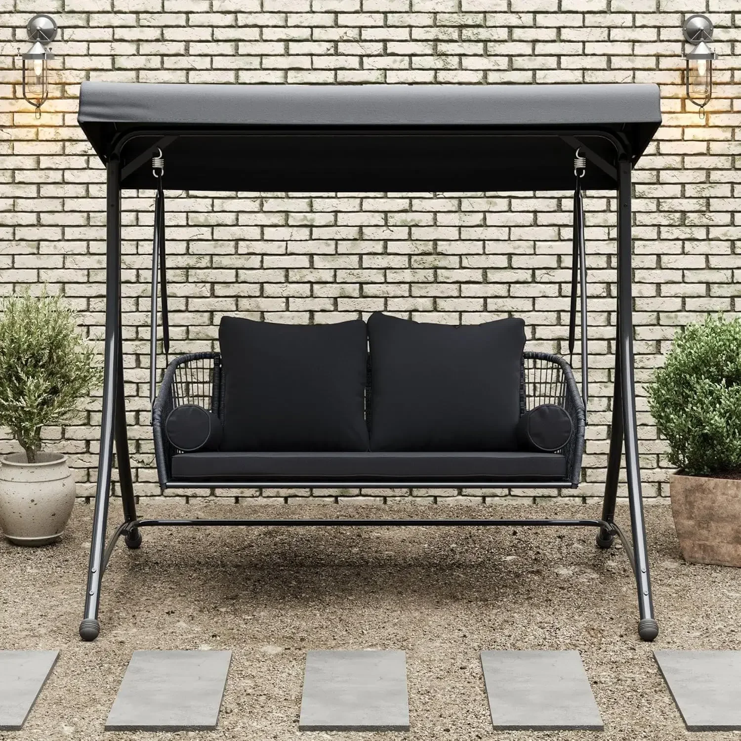 

Ramona Premium Patio Swing with Canopy Stand - Black Outdoor Canopy Swing with Cushions, Customized