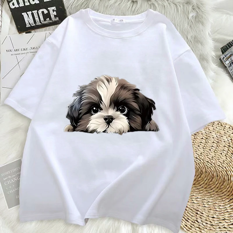 Summer Cute Shih Tzu Cat Cartoon Pattern Casual Comfortable T-Shirt Women's Short Sleeve Cool Interesting Printed Tees Female