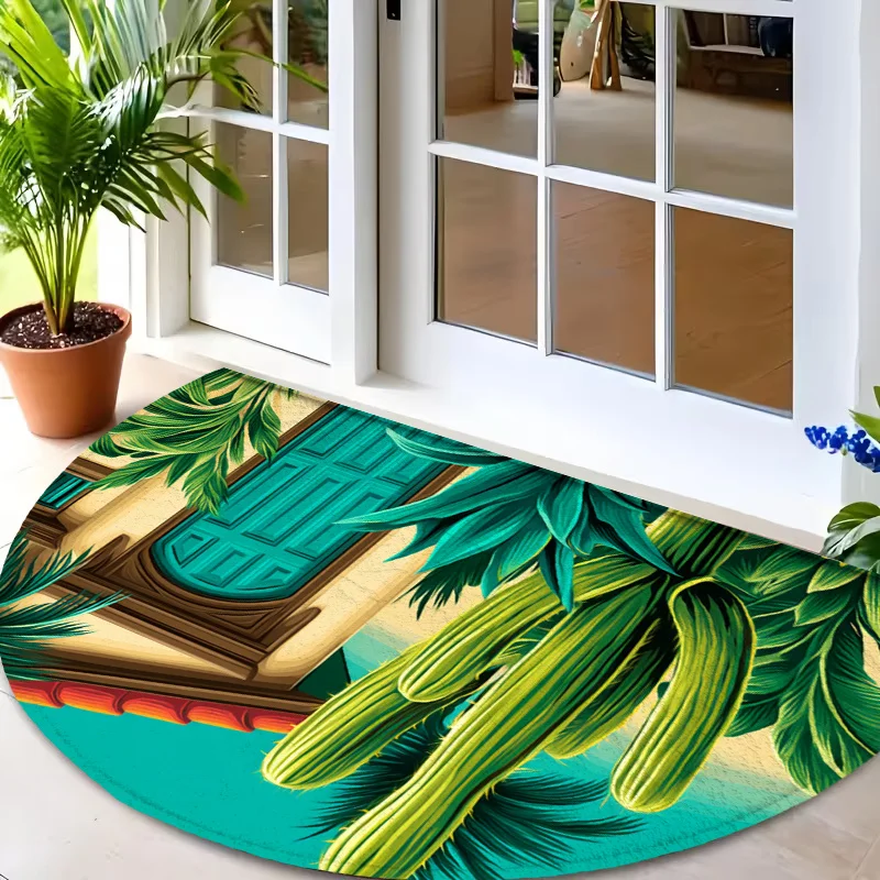Retro Desert Cactus Greenery Landscape Design Round Commercial Entrance Rug Welcome Doormat For Cafe Office Gym Store