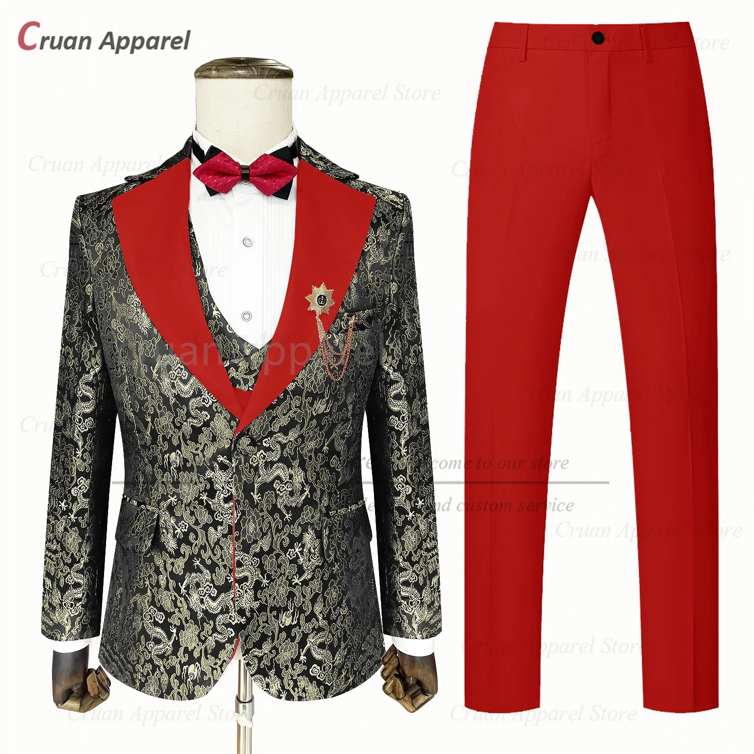 

Luxury Black Jacquard Suit Sets For Men Evening Dinner Elegant Blazer Vest Pants Three Pieces Formal Ceremony Slim Fit Outfits