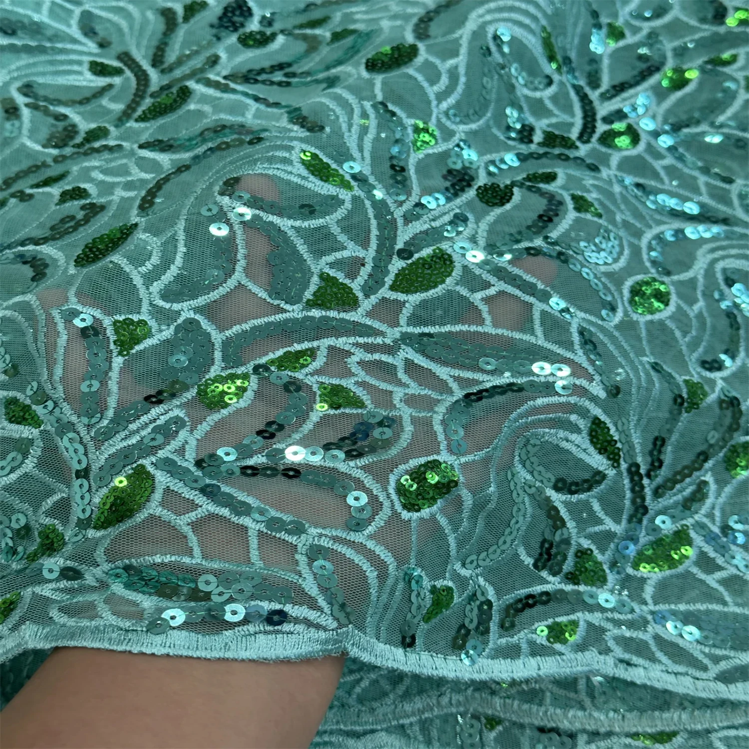 Luxurious Exquisite Beautiful Green African Mesh Lace Fabric adorned with Shiny Sequins - Ideal for Special Occasions - Create E