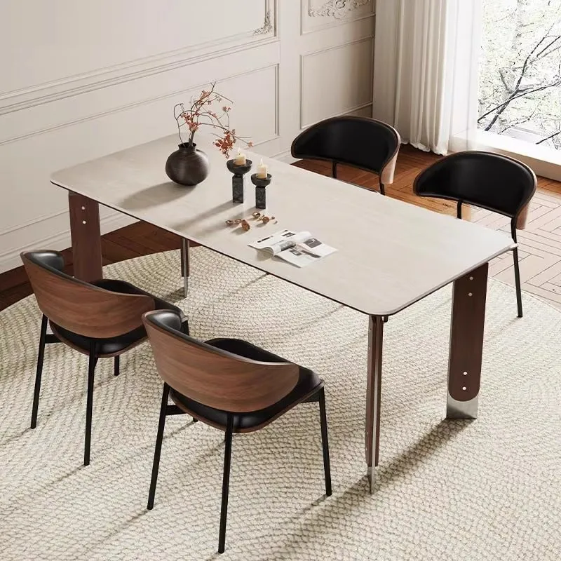 

French retro solid wood rock slab rectangular dining table and chair combination