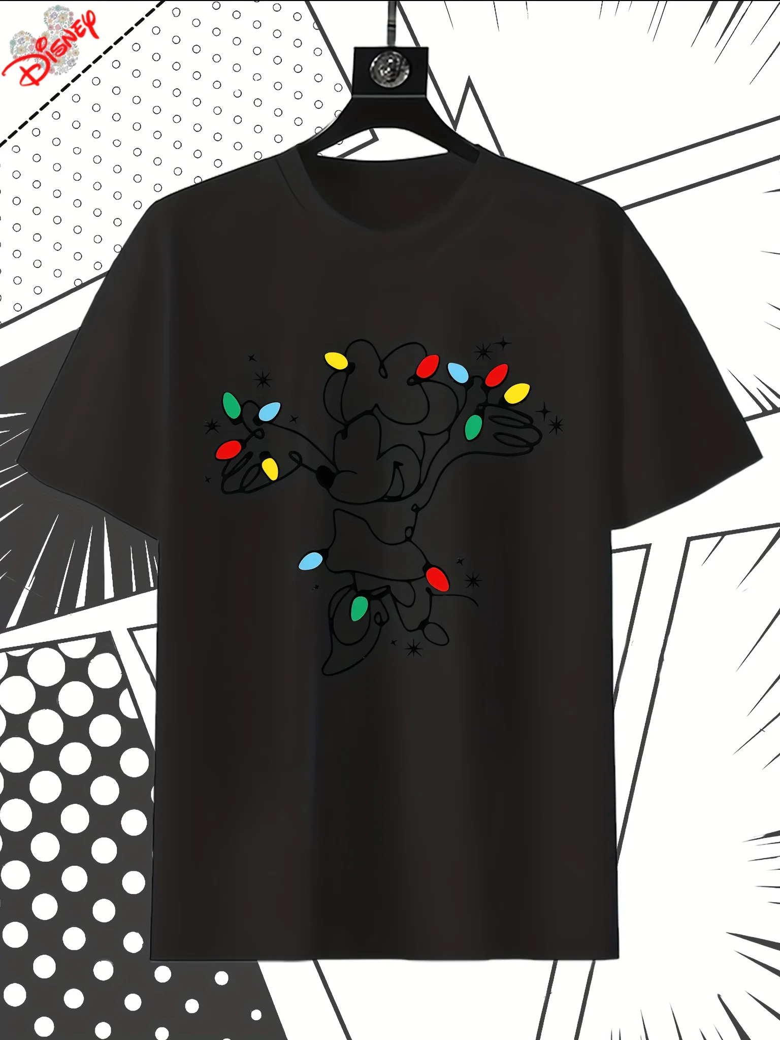 

Disney Christmas Tree T-shirt - Black Short Sleeve Round Neck Casual Top, Suitable for All Seasons, Nostalgic Disney Design