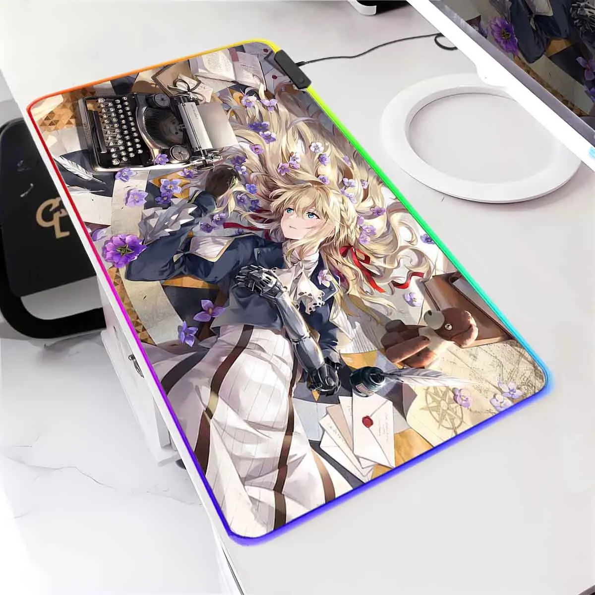 أنيمي V_Violet E_Evergarden RGB الخلفية ماوس الوسادة ماوس حصيرة V_Violet LED كبيرة ماوس الوسادة عدم الانزلاق حصيرة لوحة المفاتيح ألعاب الملحقات