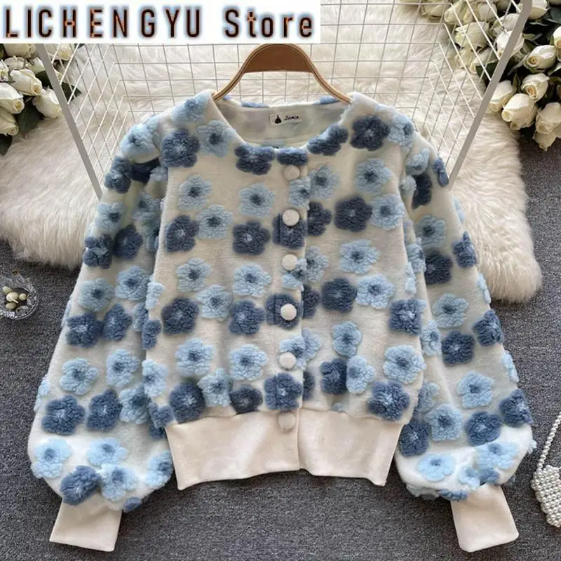 New Spring Three-dimensional Flower Bubble Sleeve O Neck Plush Cardigan Short Warm Coat Tops Women Red Clothing