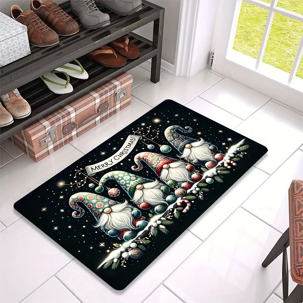 1pc 2D Flat Christmas Gnome & Candy Starry Sky Rug, Non-Slip, Washable & Fade Resistant, Multi Sizes, Indoor Christmas Decor
