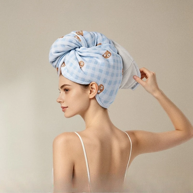 10A Antibacterial Hookless Self-Adhesive Cute Hair-Drying Cap Highly Absorbent Quick-Drying Towel for Hair Wrapping