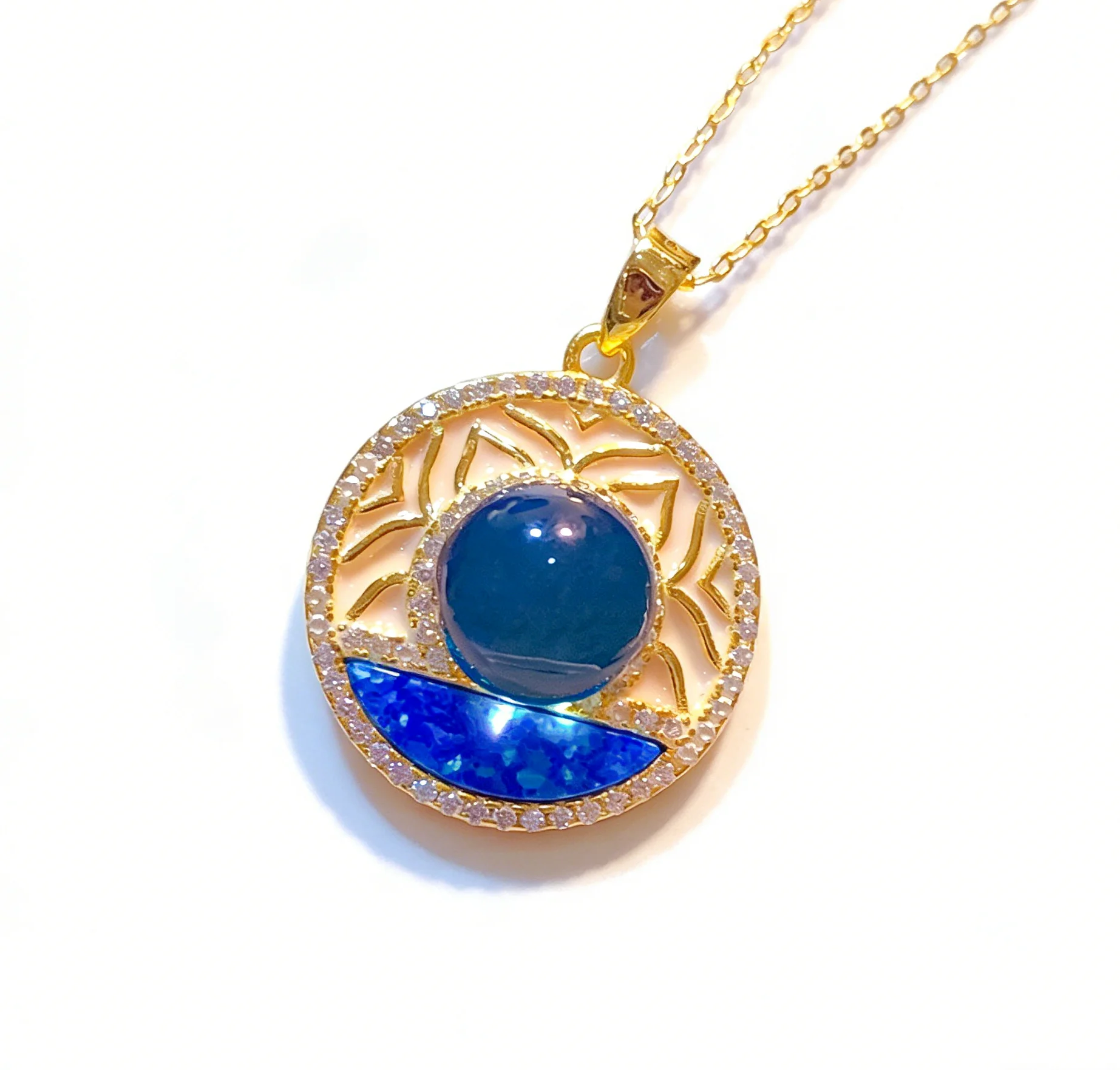 Vintage Mexican Blue Amber Pendant 8mm Round Sterling Silver with Symmetric Enamel Design Fine Jewelry Gift for Women