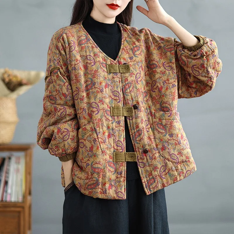 Thick Warm Casual Jackets Women New 2024 Autumn Winter Vintage Style V-neck Floral Print Loose Female Quilted Coats B2068