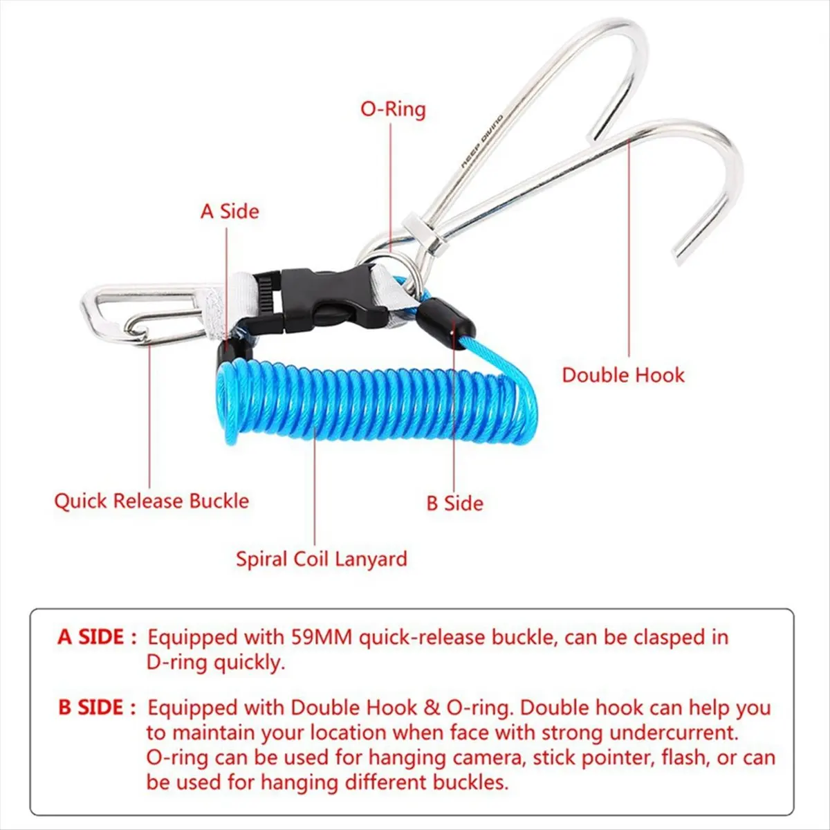Reef Drift Hook Spring Anti-Lost Rope Double End Diving Hook with Spiral Coil Lanyard Scuba Current Reef Hook Orange