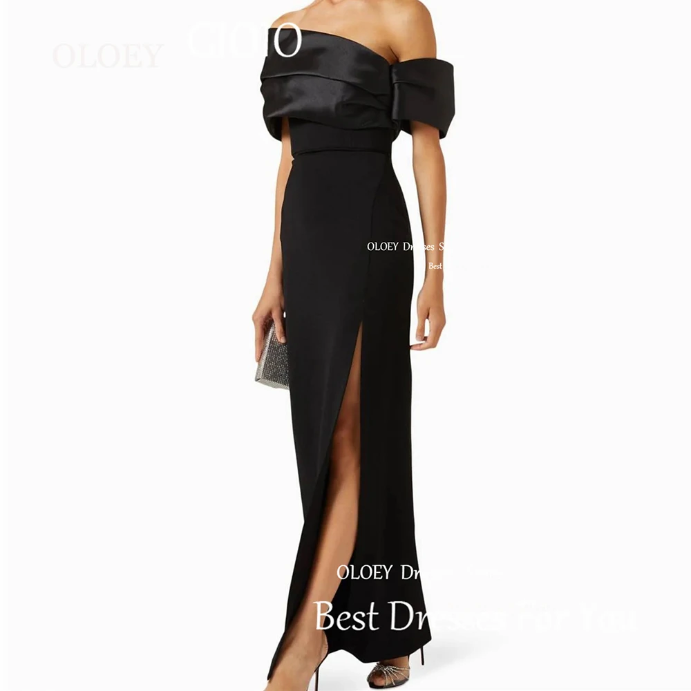 OLOEY Elegant Custom Made Black Evening Dress Silky Satin Floor Length Wedding Party Prom Dress Zipper Back Off Shoulder