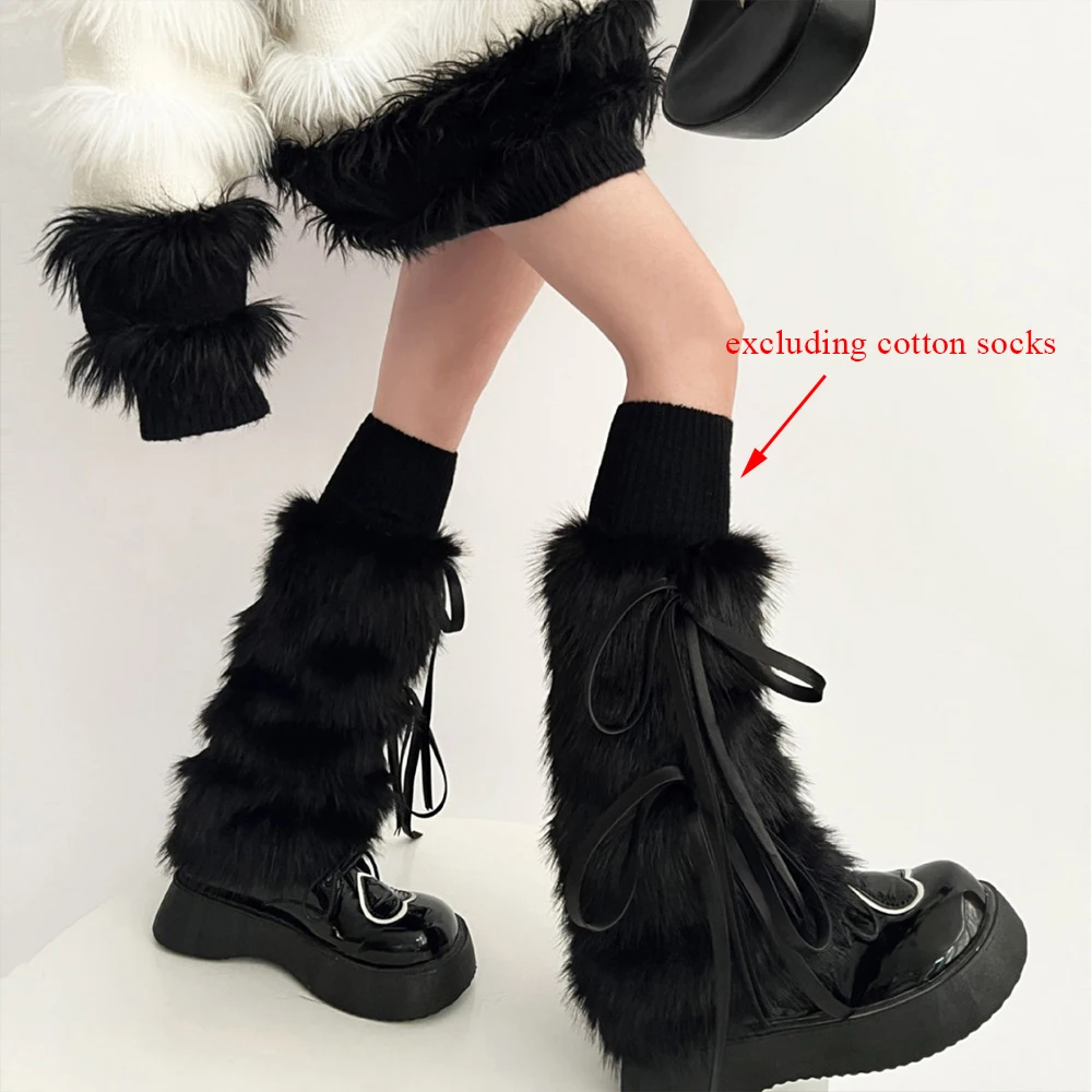 Faux Rabbit Fur Women Leggings Boots Cover Winter Warm Thickened Bow Knot Leg Warmers Ladies Lolita Harajuku Solid Leg Socks