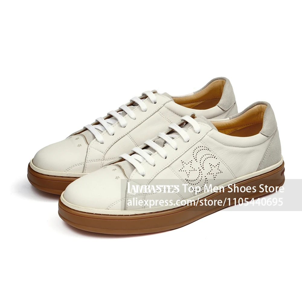 White Genuine Leather Star Moon Perforated Sneakers Lace Up Casual Leather Skate Sneakers Retro Platform Low Top Men's Sneakers