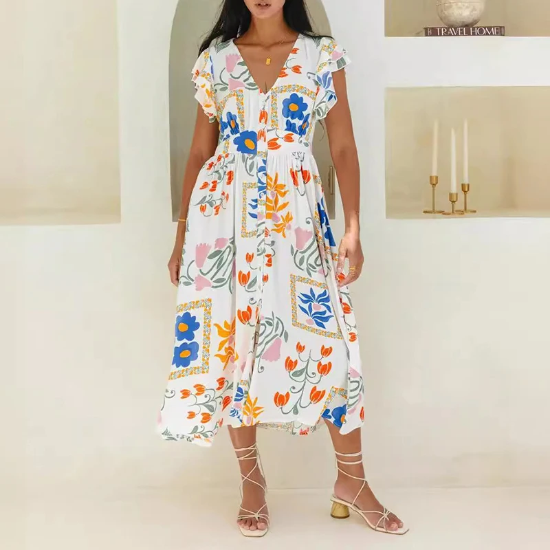 Robe bohème à imprimé floral pour femmes, col en V, simple boutonnage, manches courtes, décontracté, vacances, été, 2024