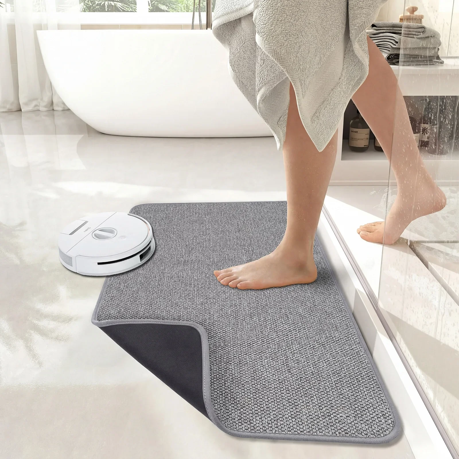Minimalist Solid Color Horseshoe Weave Bath Mat, Absorbent Quick Dry Bathroom Rug, Non-Slip Shower Door Mat with Rubber Backing
