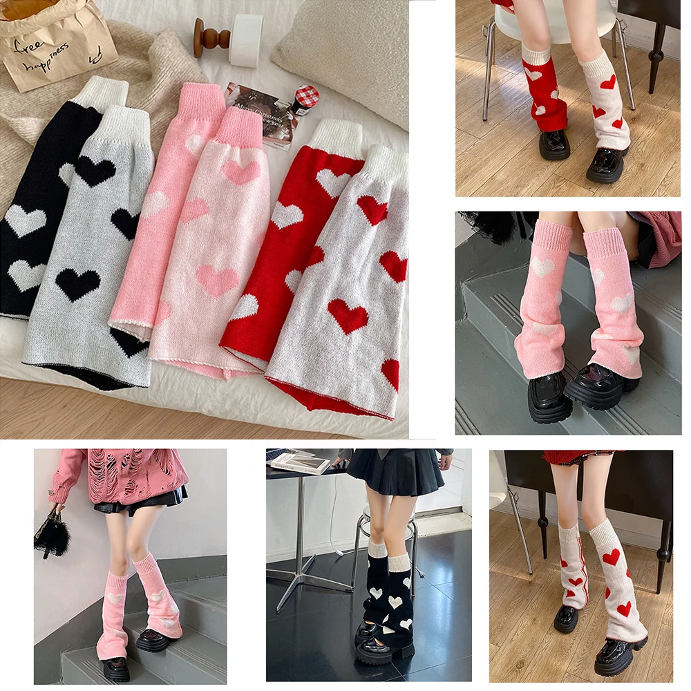 

Y2k Heart Pattern Knitted Leg Warmers Gothic Loose Leg Cover Sock Girls Winter Casual Leg Protector Stocking JK Thigh High Socks