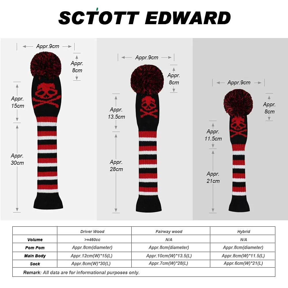 3pcs/set Golf Knit Headcover Skull Golf Protector For Driver(460cc) Fairway and Hybrid(UT) or only Gift Box