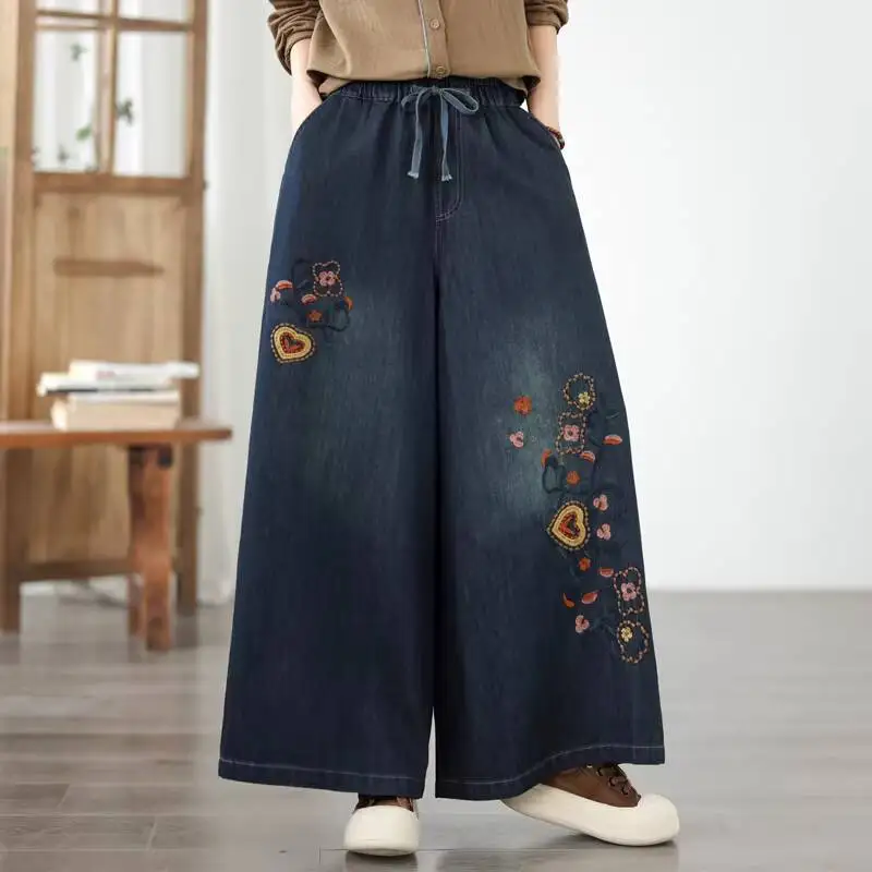 # 2971 Frühling Sommer Blaue Weite Jeans für Damen mit Blumenstickerei Vintage Gerade Denim-Jeans Locker Sitzend mit Elastischem Bund