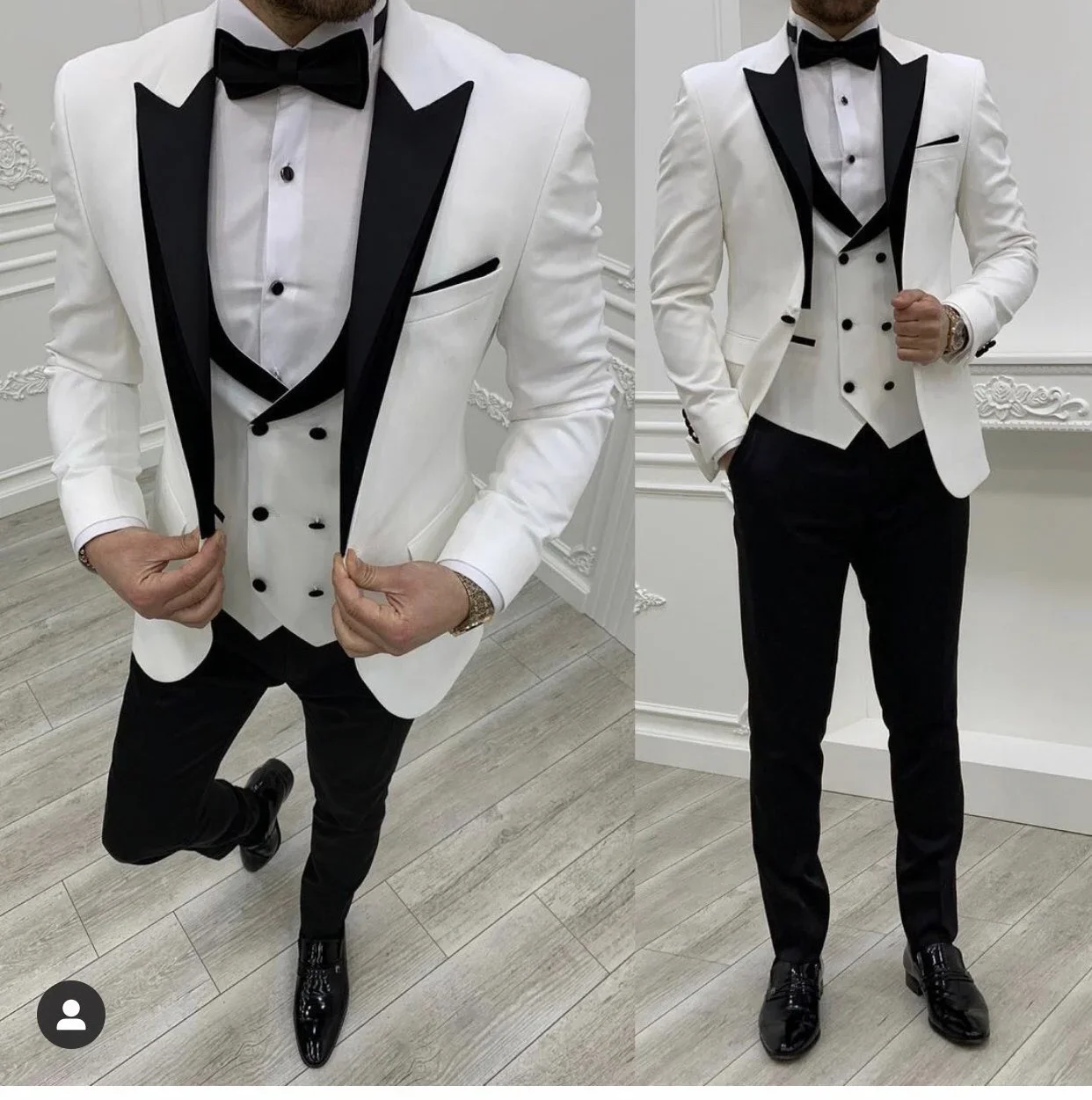 

White Blazer Black Peaked Lapel Trousers Slim Fit Bridegroom Men Suits Costume Homme Wedding Wear Tuxedos 3Pcs Jacket Pants Vest