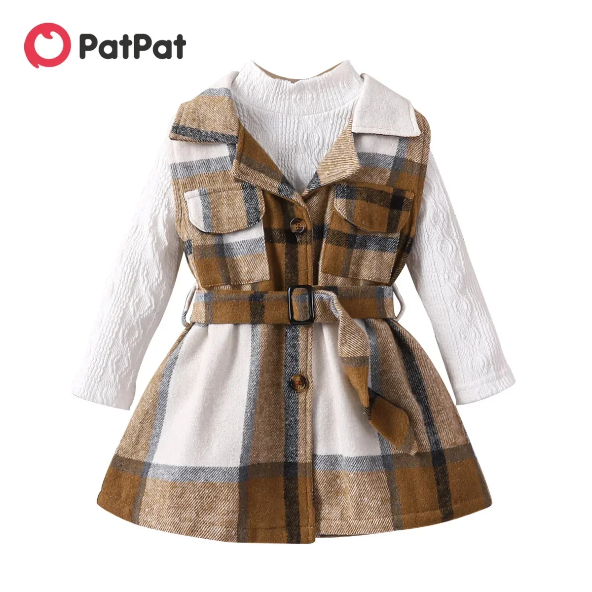 PatPat 2pcs Toddler Girl Dresses Classic Mock Neck Textured Tee and Plaid Lapel Collar Belted Dress Sets Soft and Comfortable