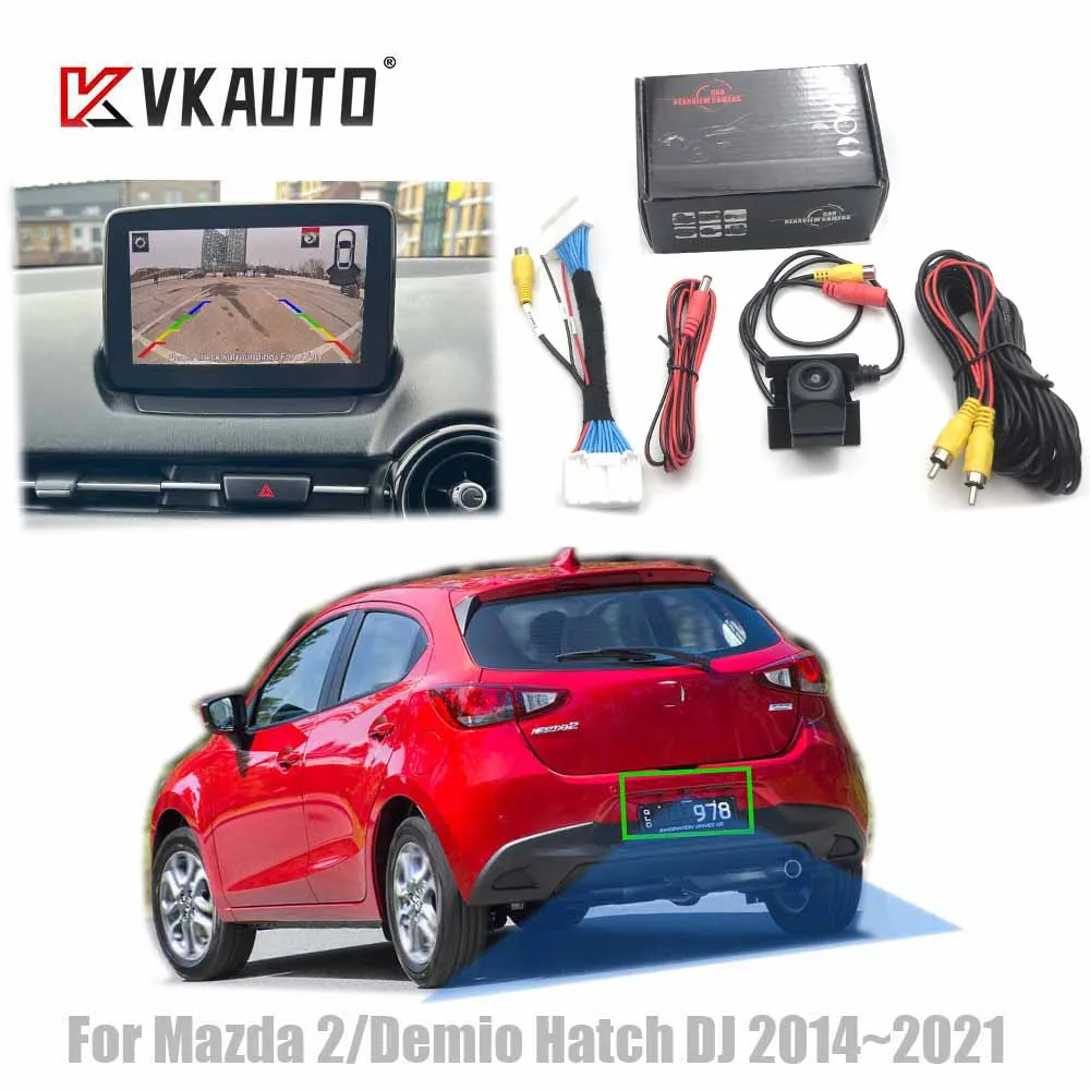 VKAUTO Kamera cofania typu rybie oko do Mazdy 2 Demio DJ Hatch 2015~2025, kompatybilna z oryginalnym systemem stereo, adapter kamery cofania do parkowania.