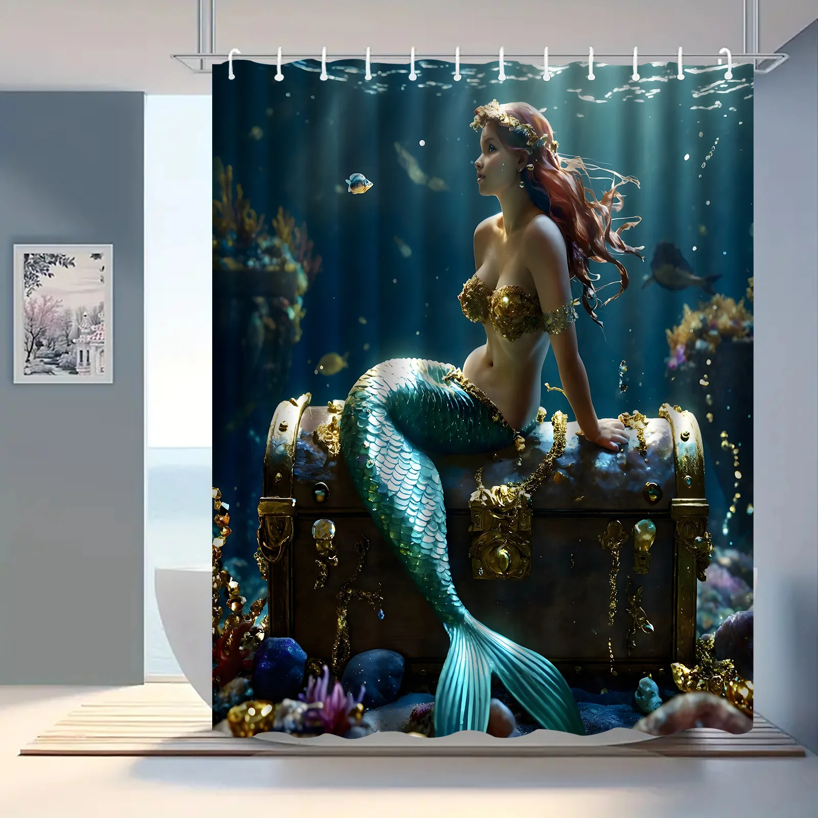 Mermaid Shower Curtain Underwater Treasure Chest Fantasy Ocean Decor Golden Mermaid Art Waterproof Bath Curtain Set Home