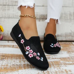 Zapatillas de Ballet tejidas elásticas con bordado de flores, mocasines para mujer, zapatos informales de malla transpirable para primavera y otoño, zapatillas náuticas