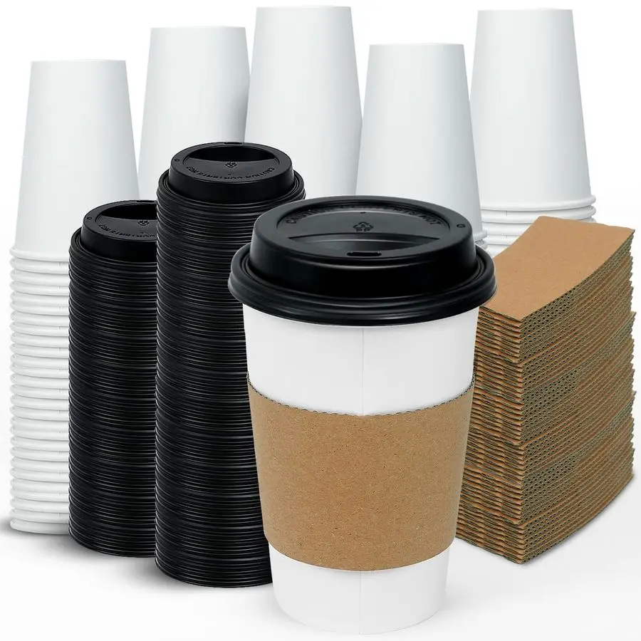 

100 Pack 16 oz Disposable Coffee Cups with Lids and Sleeves To Go Coffee Cups for Hot Drinks, Chocolate, Cocoa and Coffee Bar