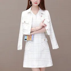 Women's Autumn Winter Fashion Elegant Polo Collar Button Panel Pocket Style Versatile Long Sleeve Slim Fit Two Piece Dress Set