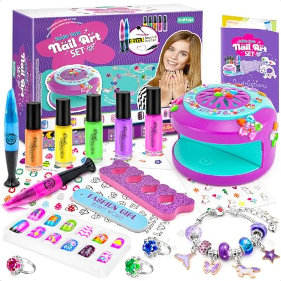 

Nail Polish Set for Girls Nail Art Kit for Girls Ages 712 with Nail Dryer and Fake Nail and Nail Sticker and Water Based Nail P
