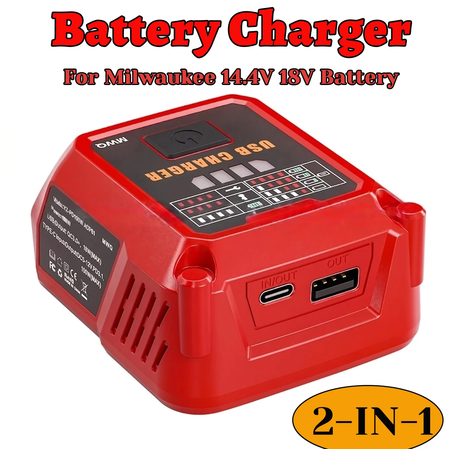 100W Batterieladegerät für MWQ M18 18V Akku mit Typ-C & USB-A Anschluss, LCD-Display, zum Laden für Wohnmobil-Camping-Reisen (nur Werkzeug)