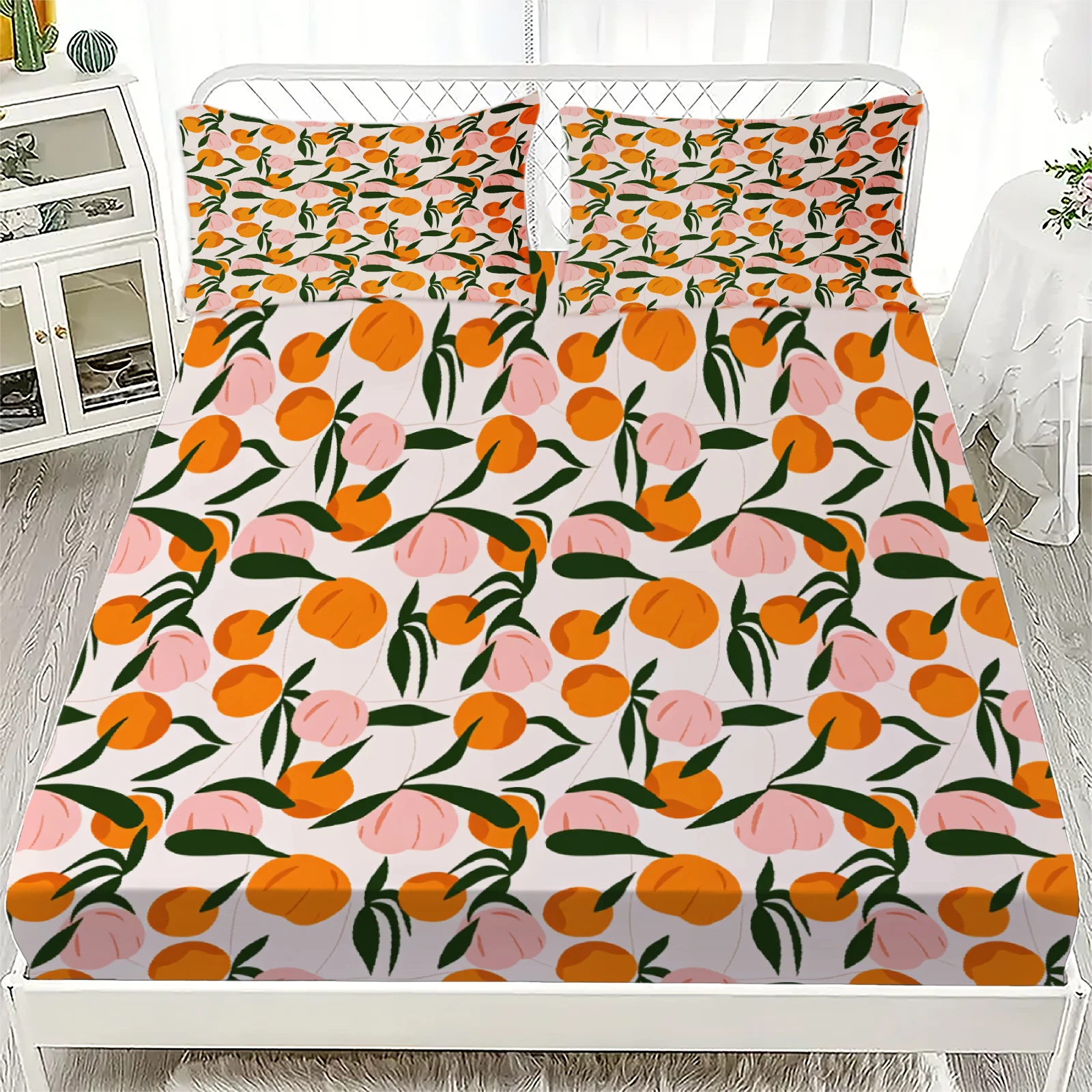Fruit Pattern Fitted Sheet Set White Orange And Pink Peach Print Bedding With Pillowcases For Bedroom