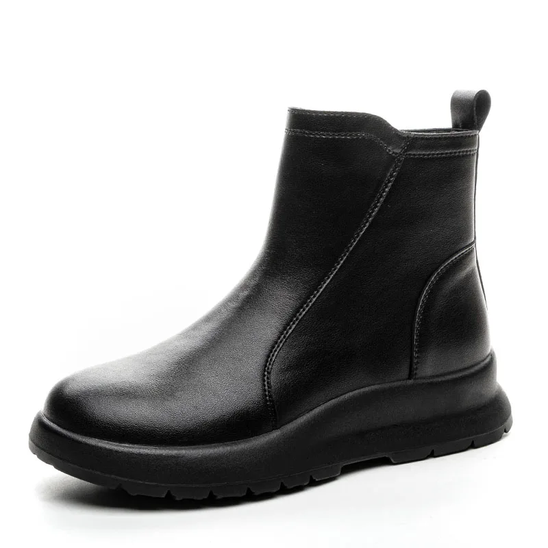 DRKANOL Autumn Winter Warm Plush Snow Boots Women Real Cowhide Round Toe Side Zipper Thick Bottom Platform Wedges Ankle Boots