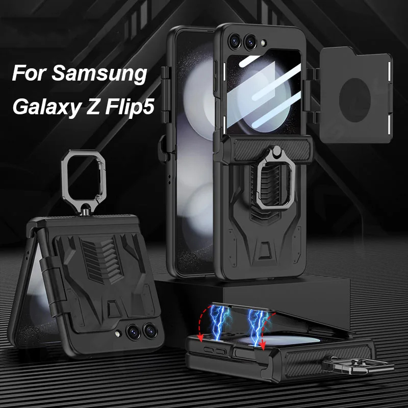 

GKK Magnetic Hinge Ring Holder Case For Samsung Galaxy Z Flip 5 5G Magnetic Flip Back Screen Glass Cover For Galaxy Z Flip5 Case