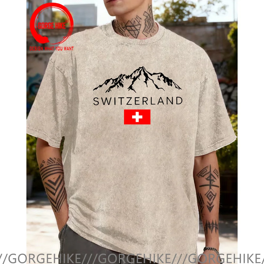 Swiss Flag Switzerland Snow Mountain pattern Print T Shirt Men Oversized Tops Tshirt Fashion Casual Vintage Washed Cotton Tshirt