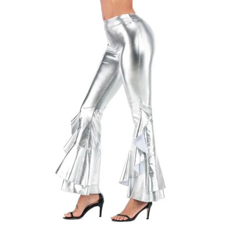 Sexy Stage Bright Slim-Fit Faux Leather Women Pants Costums Wide Waist Irregular Bell-Bottom Pants Nightclub Wide Leg Trousers