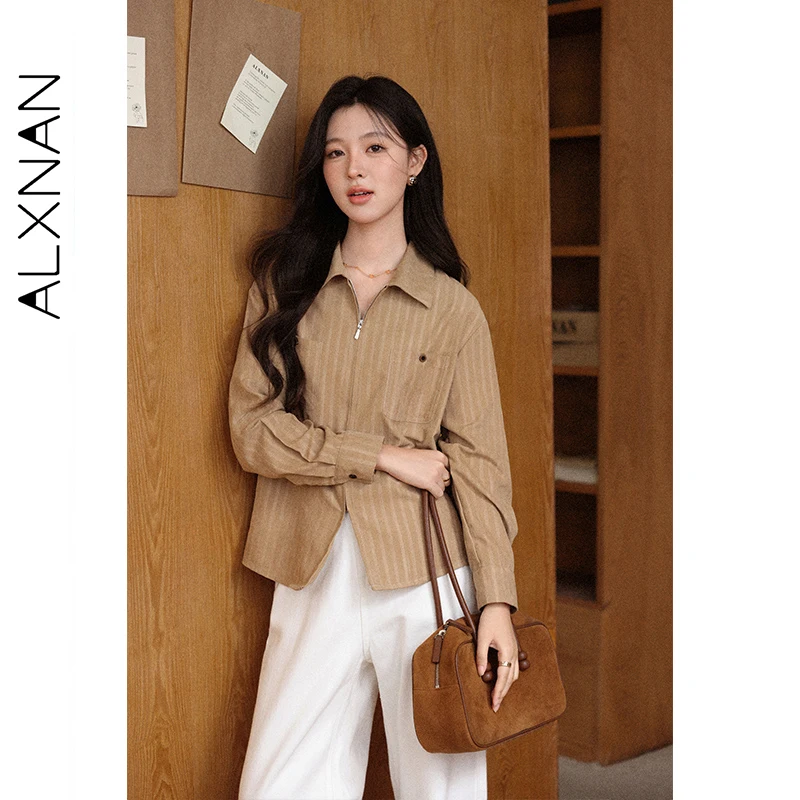 

ALXNAN коричневая винтажная полосатая рубашка с длинным рукавом для женщин, осень 2022, офисные женские рубашки на молнии с лацканами, топы с длинными рукавами, женские L57612