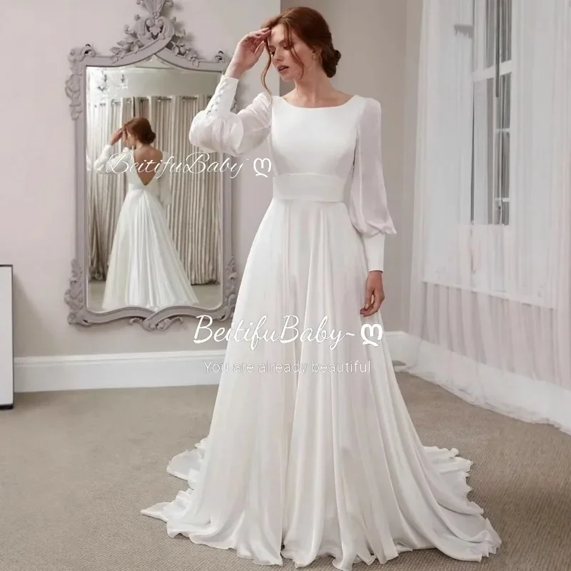 BeitifuBaby Abito da cerimonia nuziale retrò per donna Elegante abito da sposa da spiaggia a maniche lunghe con lanterna senza schienale a trapezio dimagrante