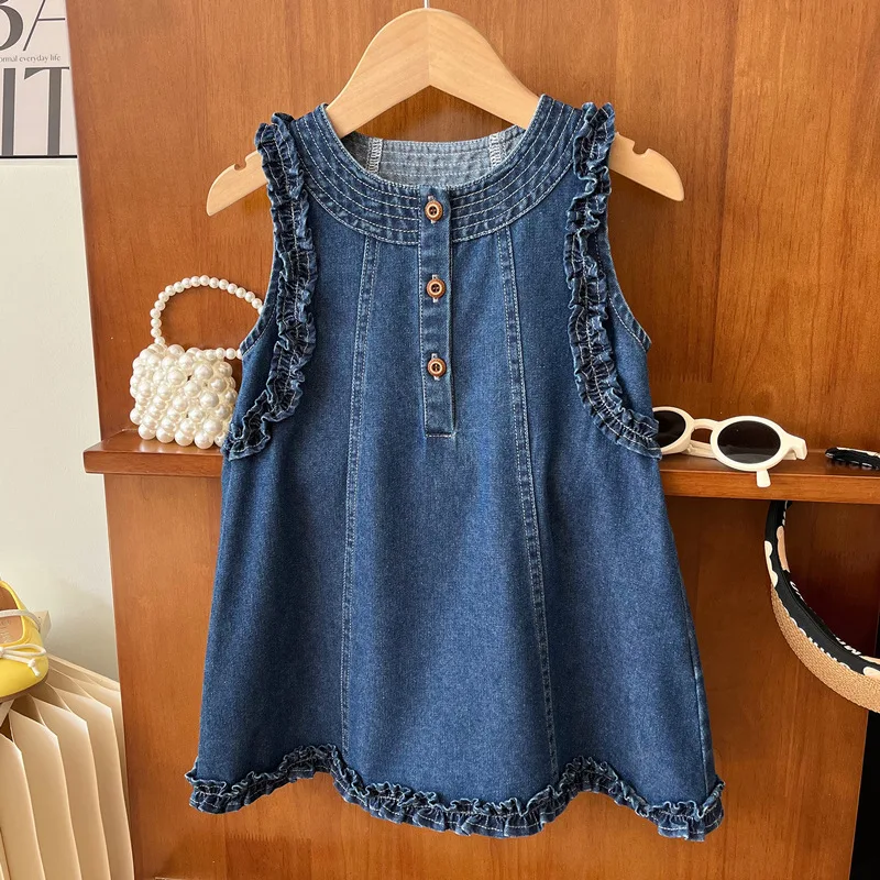 

Girls' Summer Dress2024New Children's Wooden Ear Vest Skirt Little Girl Sleeveless Soft Denim Skirt Fashion