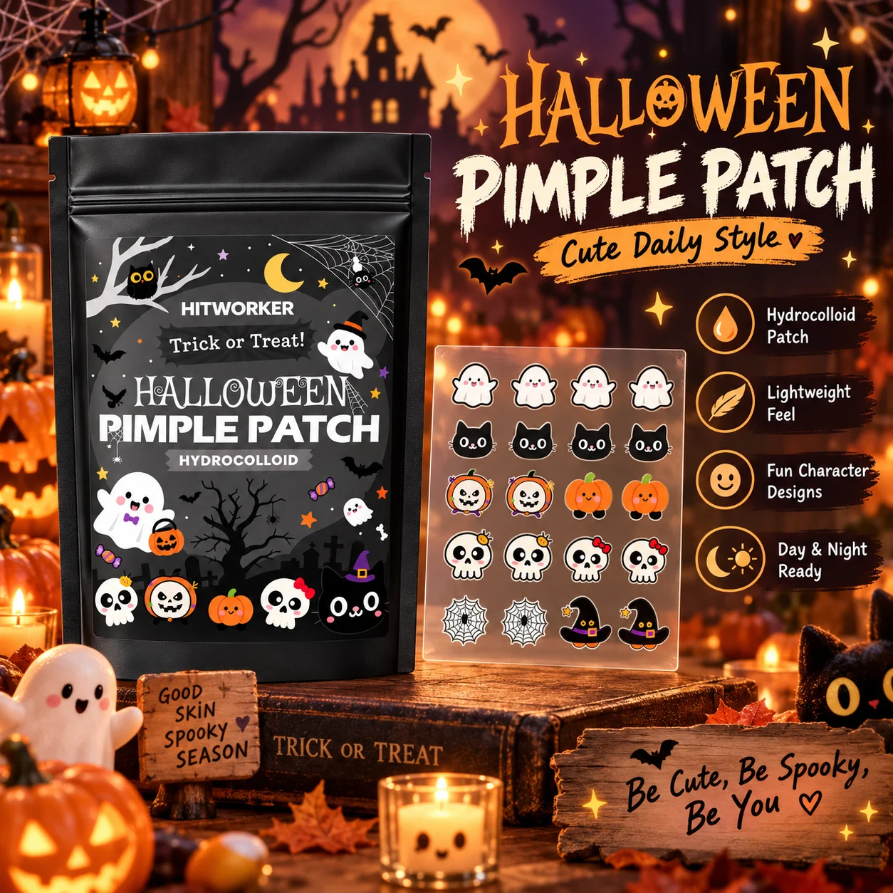 120PCS Halloween Hydrocolloid Pimple Patches, Cute Ghost Pumpkin Cat Shapes, 6 Sheets, Day & Night Face Patch Set