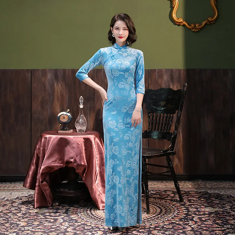 Lake Blue Velvet Long Cheongsam Floral Long Sleeve Vintage Improved Women Dress Chinese Style Qipao S To 5XL